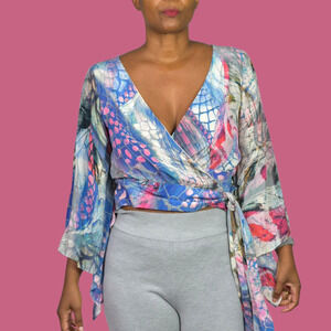 Leifsdottir Silk Blouse Top Blue Wrap Watercolor Kimono Sleeve Anthropologie 6